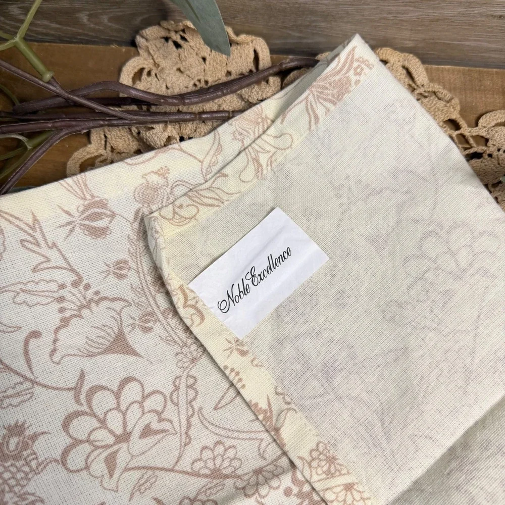 Noble Excellence Floral Toile Cotton Napkins Set 4 Tan Cream Vintage Style NWOT